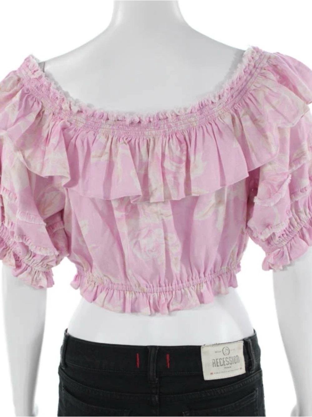 Loveshackfancy Pink Ruffled Off-Shoulder Crop Top M - Picture 3 of 6